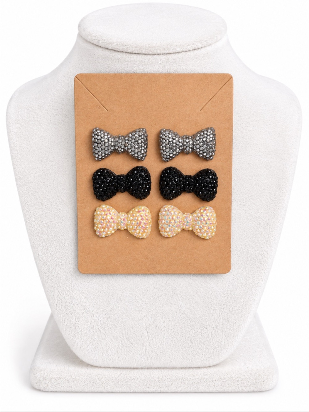 3 Pair Rhinestone Bow Pierced Stud Earrings Set - silver, black & iridescent